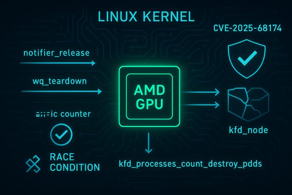 Infographic showing an AMD GPU in the Linux kernel flow for CVE-2025-68174.