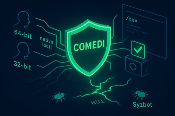 Glowing shield labeled COMEDI defends a Linux-like system from bugs.