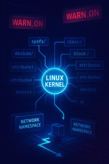 A neon-blue diagram of the Linux kernel with components and network namespaces.