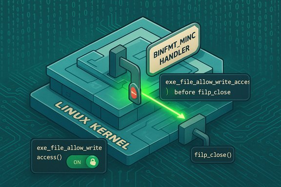 Isometric illustration of the Linux kernel binfmt handler, highlighting a write-access-before-close vulnerability.