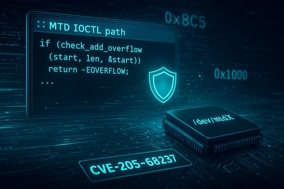 Futuristic cybersecurity scene with code, a shield icon, and a /dev/mtd microchip.
