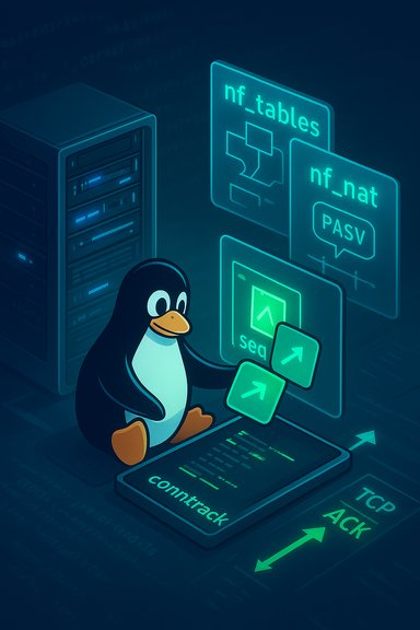 Linux penguin configuring nf_tables, NAT, and conntrack on a glowing server.
