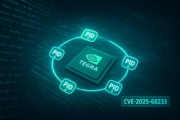 Neon teal Tegra chip at center, surrounded by PID icons forming a circle, citing CVE-2025-68233.