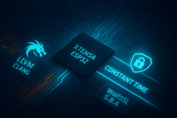 Close-up of a XTENSA ESP32 chip on a blue circuit board with LLVM/Clang logos and a lock icon.