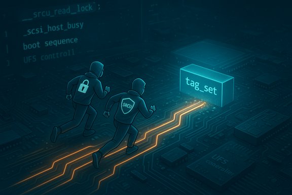 Two hooded figures sprint along glowing circuitry toward a 'tag_set' data block.