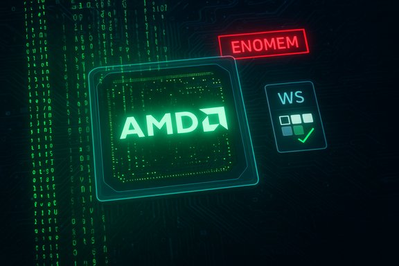 A neon-green AMD processor chip glows on a high-tech circuit board.