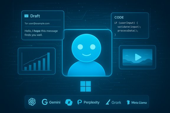 A blue holographic AI assistant interface featuring draft, code, charts, and media cards.