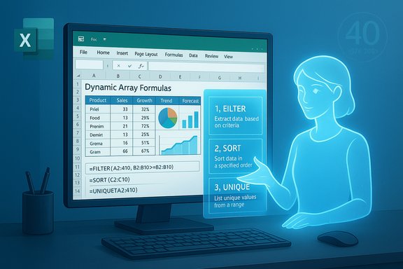 Blue illustration of Excel on a monitor showing dynamic array formulas with a 3-step FILTER, SORT, UNIQUE panel.