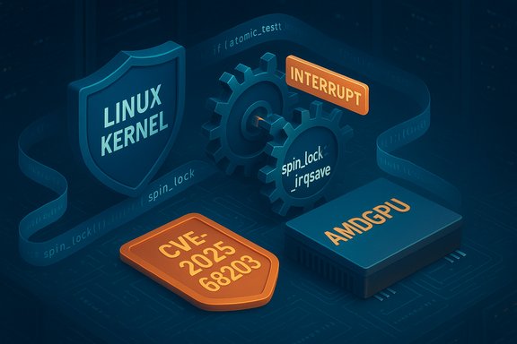 A stylized Linux kernel illustration with interrupts, spin_lock_irqsave, and an AMDGPU chip.