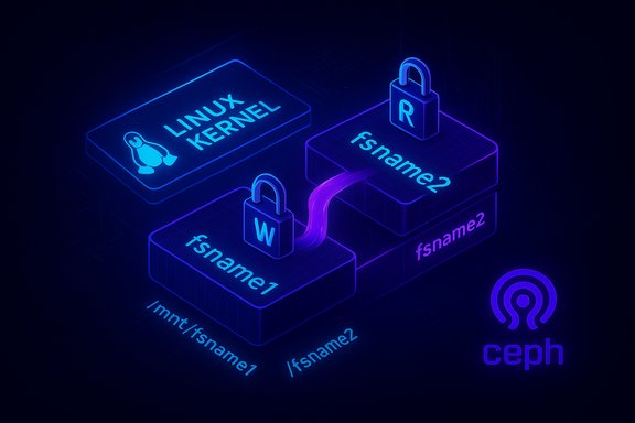 Neon isometric diagram: Linux kernel links fsname1 and fsname2 blocks under lock with Ceph logo.
