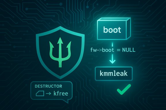 Neon cybersecurity illustration showing a shield, boot flow, and a NULL fw->boot causing a memory leak.