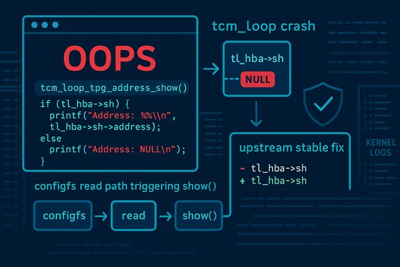 OOPS kernel crash flow: code snippet shows NULL, leading to upstream fix path.