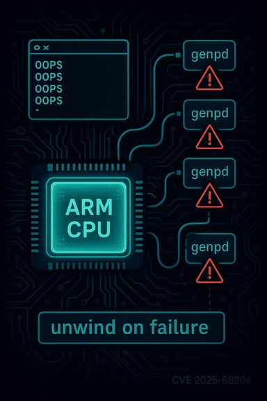 Neon circuit diagram showing an ARM CPU with multiple genpd warnings and the 'unwind on failure' caption. Neon circuit diagram showing an ARM CPU with multiple genpd warnings and the 'unwind on failure' caption.
