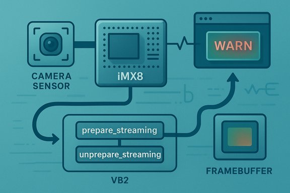 Tech schematic showing a camera sensor feeding iMX8, VB2 streaming to a framebuffer with a WARN alert.