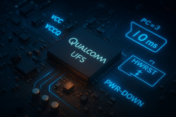Close-up of a Qualcomm UFS chip on a blue-lit circuit board.