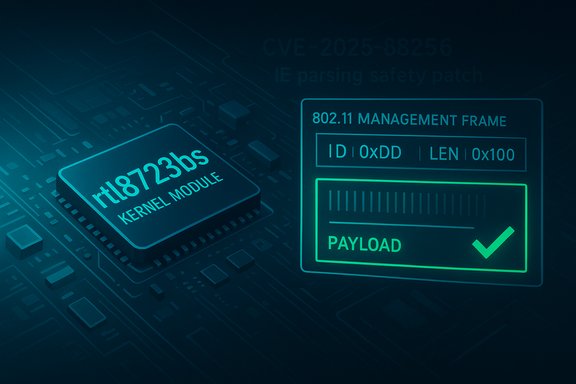 Neon blue PCB with RT8723BS kernel module and a highlighted 802.11 management frame payload.