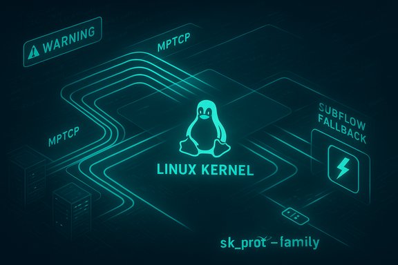 Neon Linux kernel diagram showing MPTCP connections and the Tux penguin.