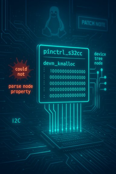 Glowing circuit diagram featuring a chip labeled pinctrl_s32cc and a could not parse node property error.
