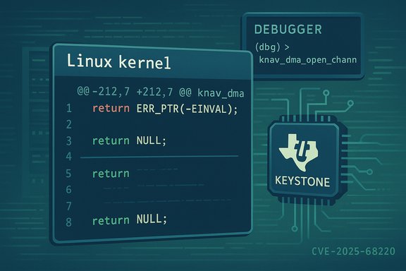 Illustration of Linux kernel code with a debugger panel and a Keystone processor.