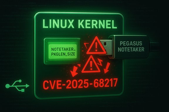 Neon-green Linux kernel warning card with a USB drive labeled CVE-2025-68217.