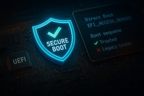 A glowing shield labeled 'Secure Boot' sits on a computer motherboard, symbolizing trusted startup.