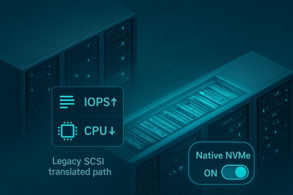 Data center servers with IOPS up, CPU down, legacy SCSI translated path; Native NVMe on.