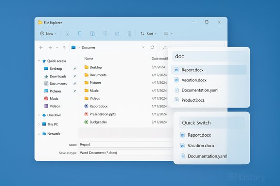 Windows File Explorer on a blue background with a floating doc search panel and quick-switch list.