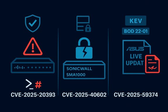 Three-panel cybersecurity infographic highlighting 2025 CVEs for servers, SonicWall SMA1000, and ASUS Live Update.