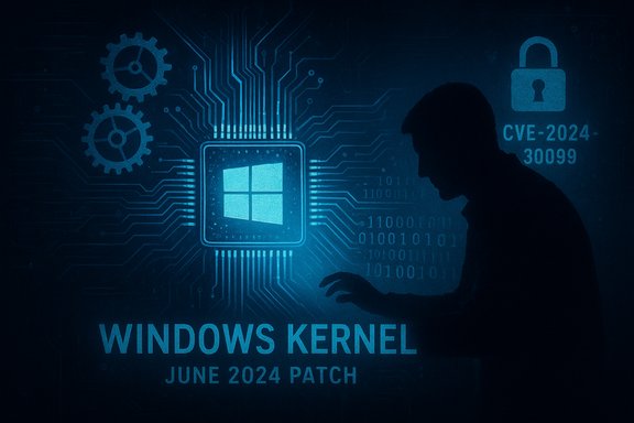Hacker silhouette over a glowing Windows kernel patch on blue circuitry.