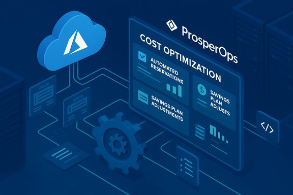 Blue isometric illustration of ProsperOps cloud cost optimization dashboard and automation.
