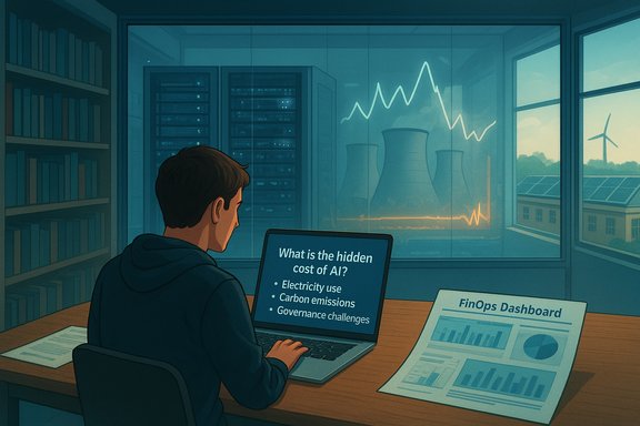 A person analyzes AI's hidden costs at a FinOps dashboard overlooking a data-center.