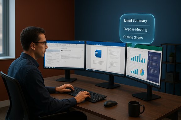 A man sits at a desk with three monitors, reviewing emails and documents.