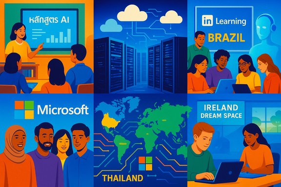 Colorful collage of global tech learning scenes, featuring AI, cloud data, Microsoft, and world maps.