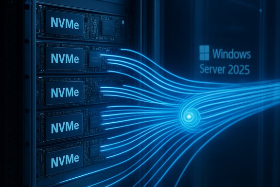 A Windows Server 2025 rack with NVMe drives illuminated by neon blue data streams.