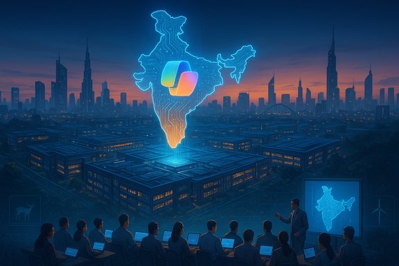 A holographic India map with circuitry hovers over a futuristic city as a team presents data.