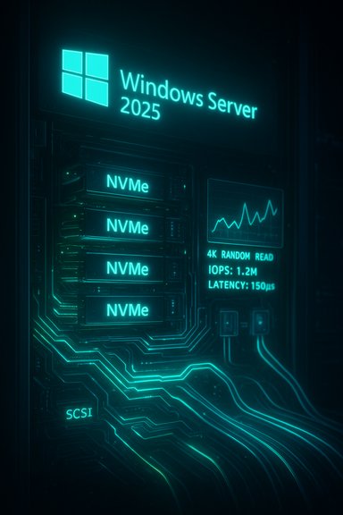 Neon-lit Windows Server 2025 rack with NVMe drives and a performance graph.