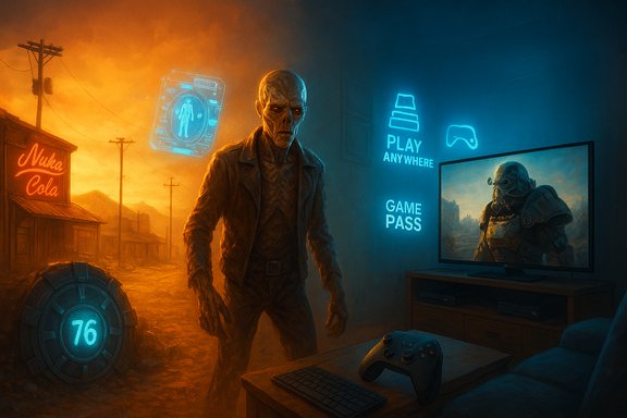 A zombie in a split orange-blue scene, between a desert wasteland and a neon game room with TV.