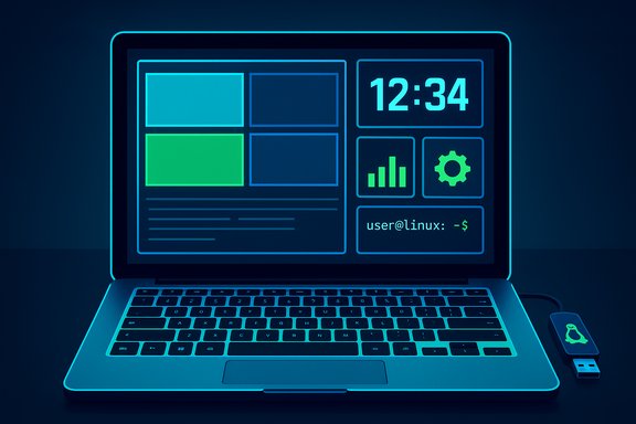A neon-blue laptop displays a Linux-style dashboard with time and graphs.