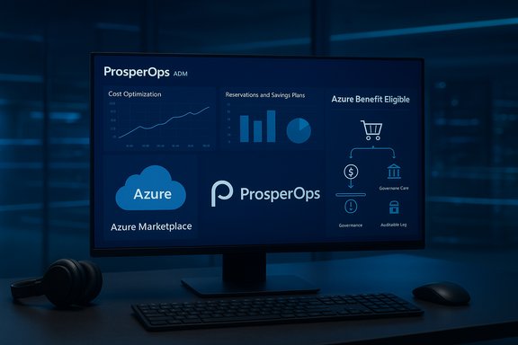 Dark blue dashboard on a monitor featuring ProsperOps and Azure Marketplace tiles.