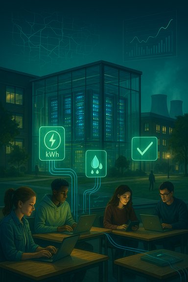 Students work on laptops as glowing energy icons flow from a glass-walled data center.