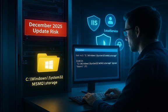 A technician monitors a server rack with a December 2025 Update Risk alert on screen.