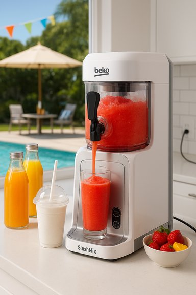 A white Beko SlushMix machine dispenses bright red slush beside a pool.