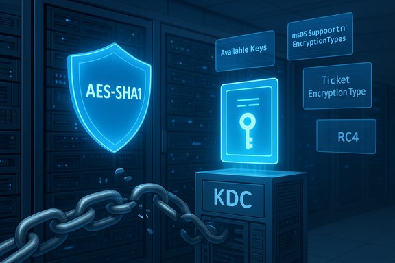 Blue holographic security dashboard above servers shows AES-SHA1 shield, keys, and KDC. Blue holographic security dashboard above servers shows AES-SHA1 shield, keys, and KDC.