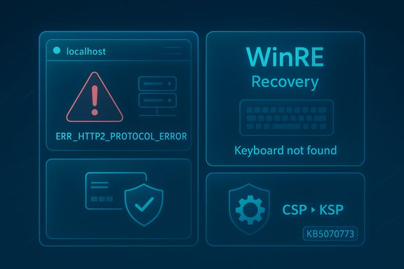 Futuristic dual-panel UI showing ERR_HTTP2_PROTOCOL_ERROR and WinRE Recovery with keyboard not found.