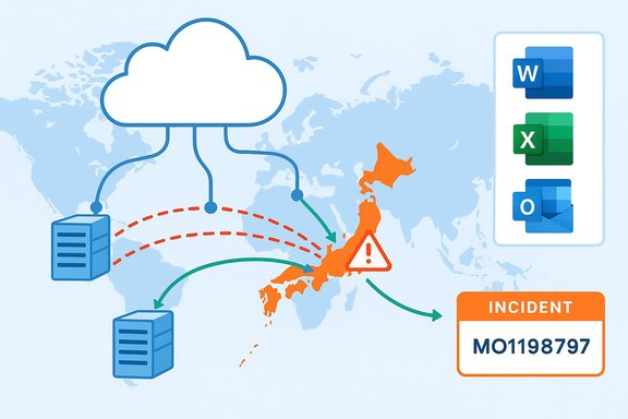 Global cloud network routes to multiple servers with an incident alert MO1198797 near Japan.