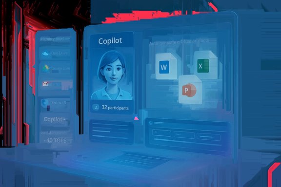 Futuristic blue dashboard showing Copilot with Office apps and a memory timeline.