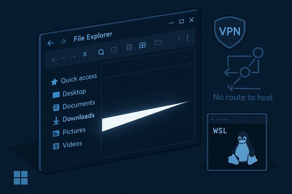 Dark blue Windows File Explorer UI with a white diagonal highlight, VPN shield, and WSL icon.