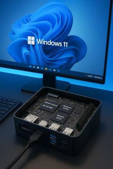 A compact Windows 11 PC built around an exposed single-board computer with multiple USB ports.