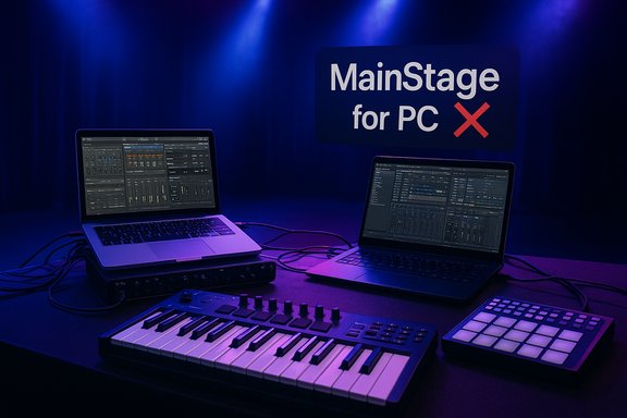 Stage setup with two laptops, MIDI keyboard, and pad controller under blue lights, beside a 'MainStage for PC' sign.
