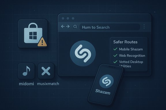 Dark blue tech illustration showing Shazam logo on a phone and browser with a Safer Routes panel.